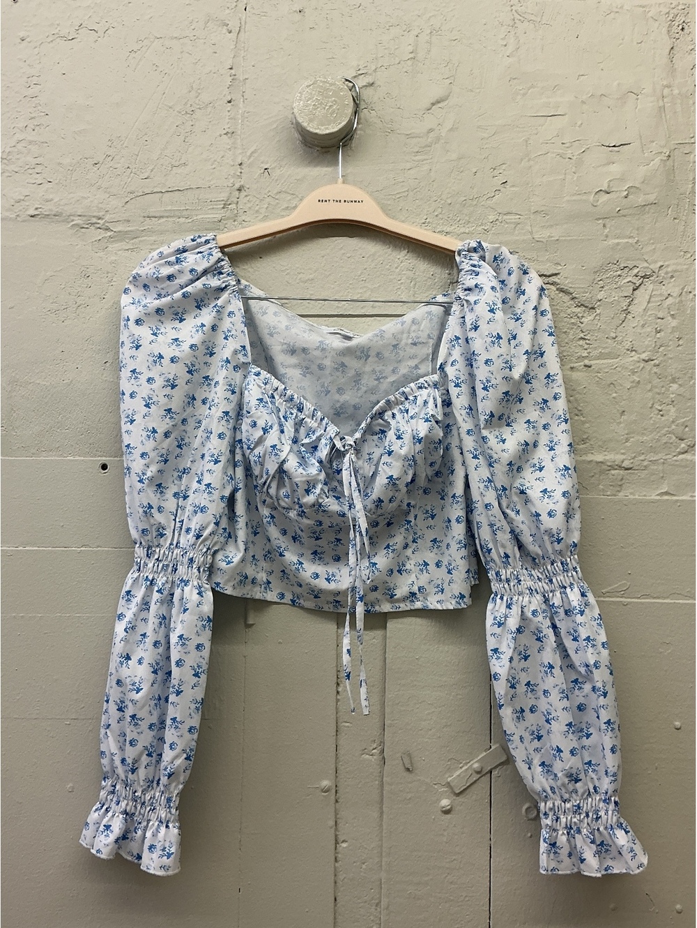 Cloud Nine Blue Floral long Puff Sleeve Crop Top cottagecore